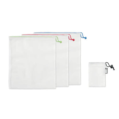 Set de 3 pungi din plasa rpet transparente pentru alimente cu snururi colorate verde, rosu si albastru