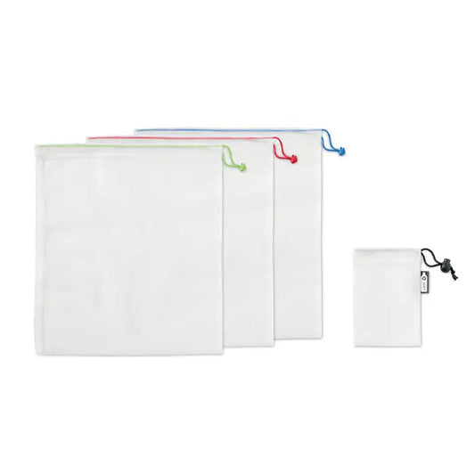 Set de 3 pungi din plasa rpet transparente pentru alimente cu snururi colorate verde, rosu si albastru