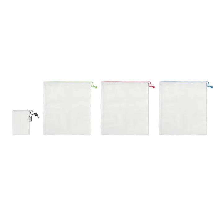 Set de 3 pungi din plasa rPET pentru alimente cu snur si margini colorate in diferite marimi transparente