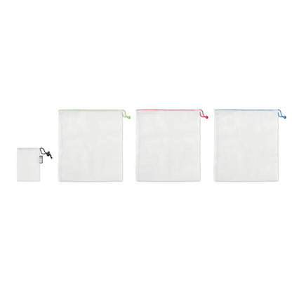 Set de 3 pungi din plasa rPET pentru alimente cu snur si margini colorate in diferite marimi transparente