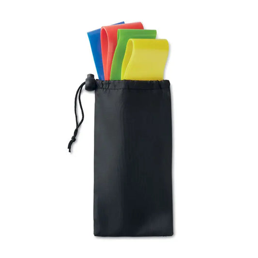 Set de 4 benzi de fitness tpe in diverse culori in sac negru cu snur pentru depozitare convenabila