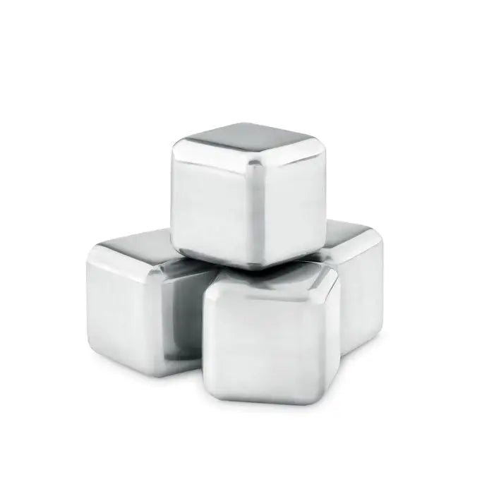 Set de 4 cuburi de gheata inoxargintii luciosi patrat din otel inoxidabil pentru racirea bauturilor