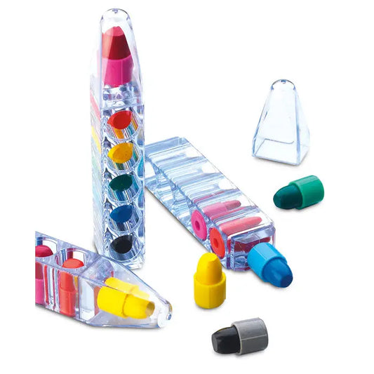 Set de 6 creioane de ceara in containere transparente in forma de creion cu capace detasabile colorate