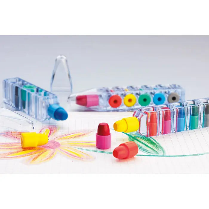 Set de 6 creioane de ceara colorate translucide cu miez vibrant si capace detasabile din plastic