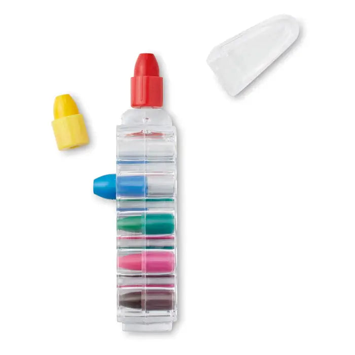 Set de 6 creioane de ceara în tub transparent cu capace roșu, galben și albastru colorate