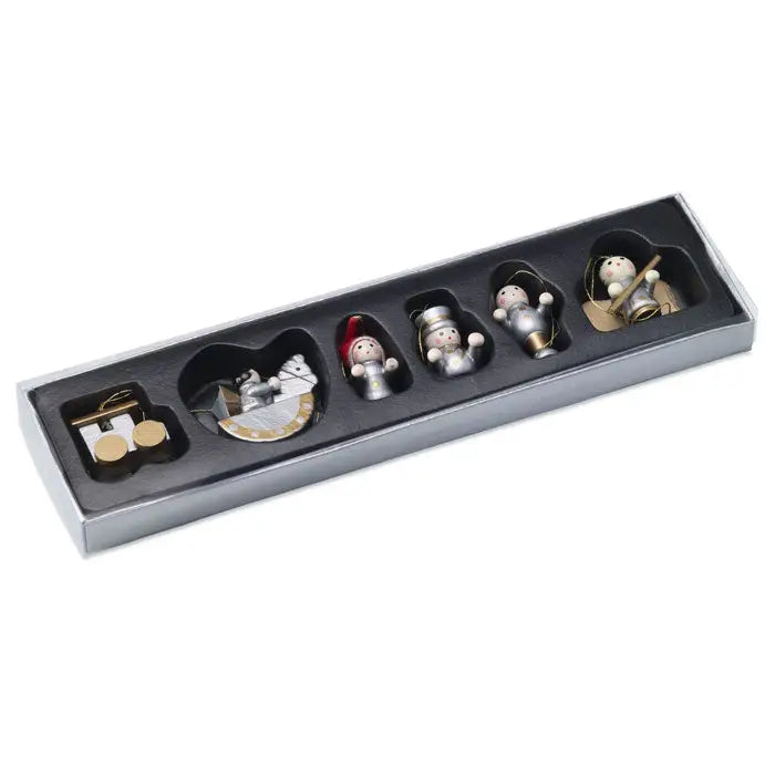 Set de 6 decoratiuni de Craciun miniaturi din lemn vopsite argintiu metalizat cu accente aurii și motive festive