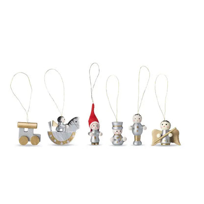 Set de 6 decoratiuni de craciun din lemn, vopsite in argintiu cu accente aurii, figurine miniaturale si tren pentru pom