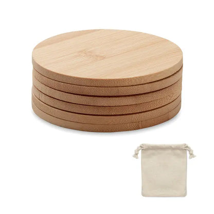 Set de 6 suporturi rotunde din bambus cu finisaj natural si saculet de depozitare bej