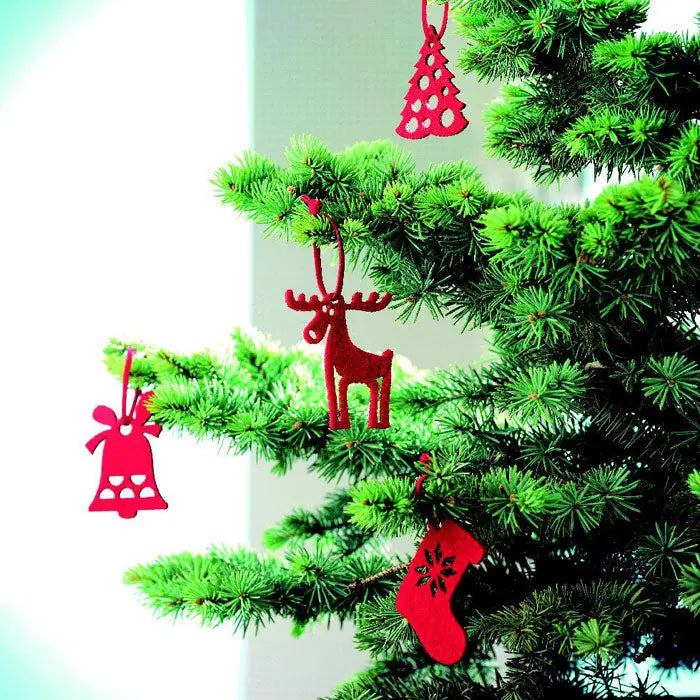 Set de 6 umerase din fetru rosu pentru copac cu decoratiuni craciun reindeer clopotel sos si brad