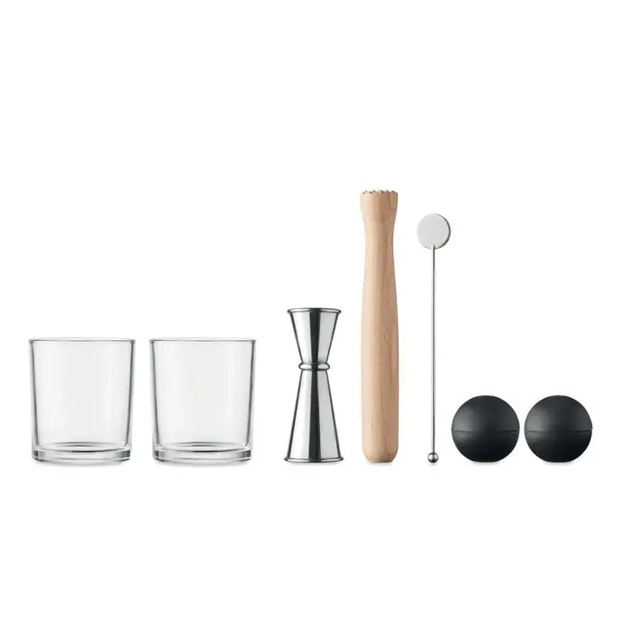 Set de 7 piese set cocktail cu pahare din sticla, jigger inox, piata de lemn, lingura argintie si bile de gheata negre