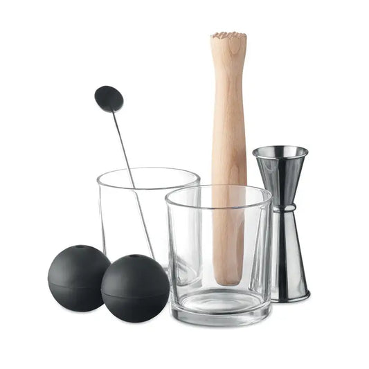 Wooden muddler cu mâner texturat și conic și cap rotund din set de 7 piese cocktail