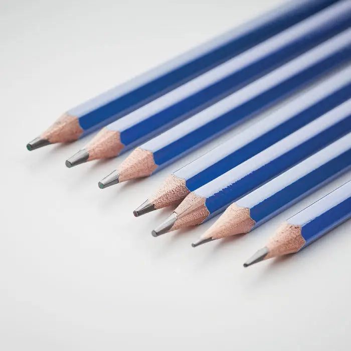 Pencils albastre din lemn cu varfuri metalice argintii in set de arta de 40 de piese in carcasa