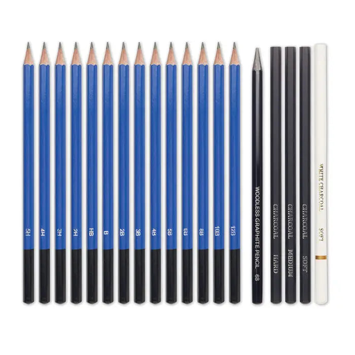 Set de arta de 40 de piese cu creioane albastre din lemn cu grade de duritate de la 5h la 10b in carcasa