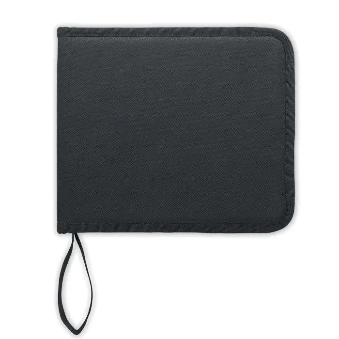Portofel negru texturat din material textil cu curea de mana pentru set de arta de 40 de piese in carcasa