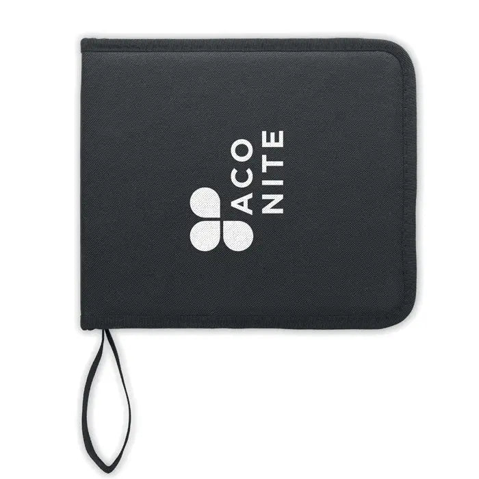 Set de arta de 40 de piese in carcasa portofoliu din material textil negru cu logo alb aconite si prindere neagra pentru incheietura