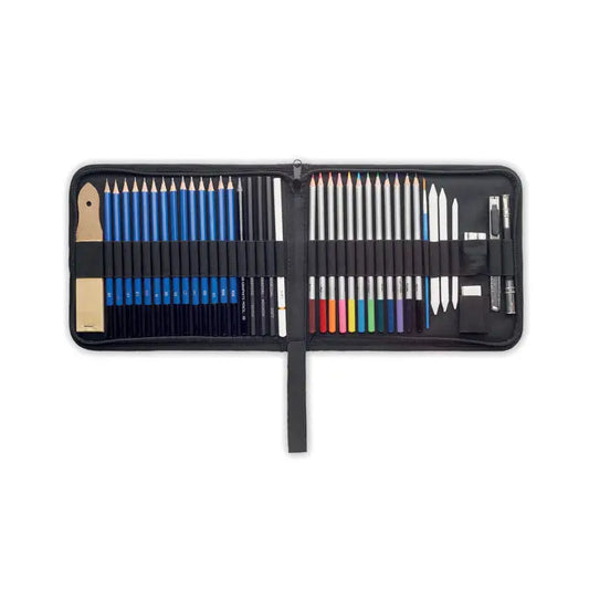 Set de arta de 40 de piese in carcasa neagra cu creioane albastre, creioane colorate si unelte de arta