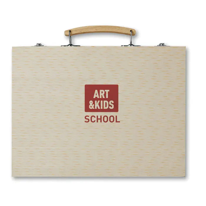 Set de artist în cutie de lemn bej cu mâner din lemn deschis și logo roșu art & kids school