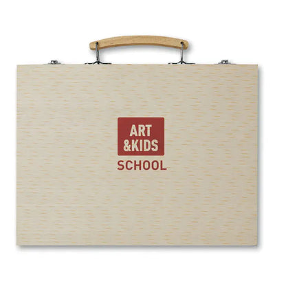 Set de artist în cutie de lemn bej cu mâner din lemn deschis și logo roșu art & kids school