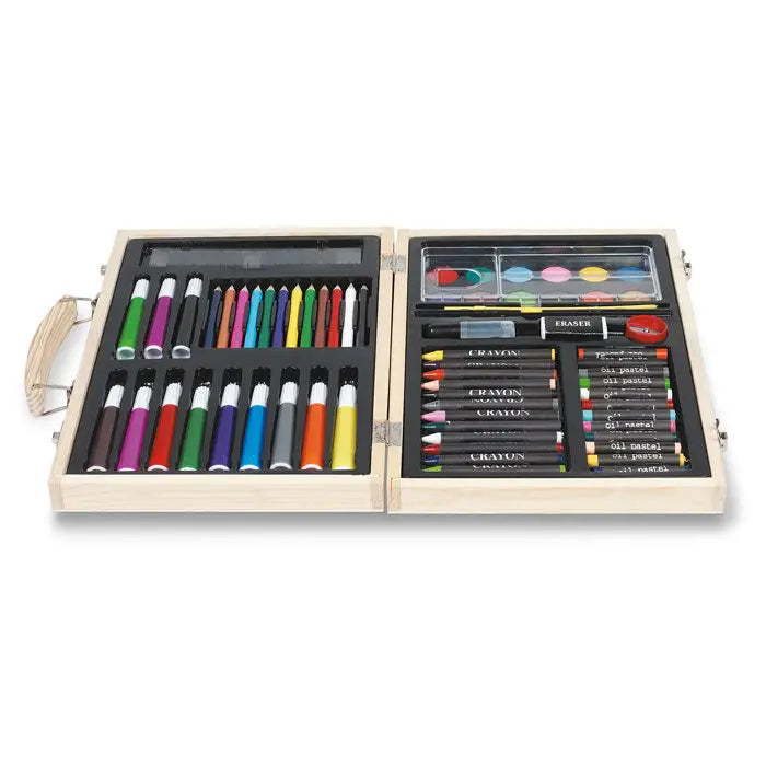 Set de artist in cutie de lemn cu maner, creioane colorate si pastelu oil pastel in cutii negre
