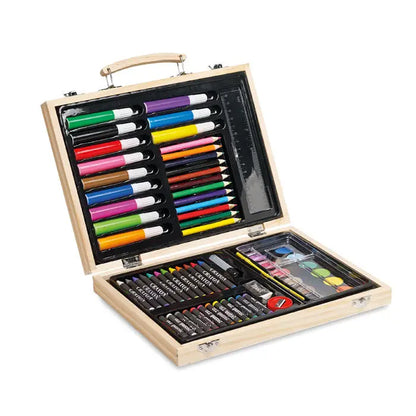Set de artist in cutie de lemn cu finisaj natural, compartimente organizate, markere, creioane, creioane cerate si acuarele colorate