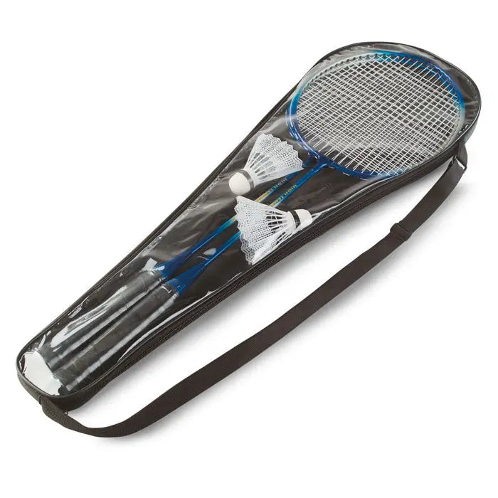 Set de badminton pentru 2 jucatori cu racheta albastra si fluturi in husa transparenta cu fermoar negru si curea ajustabila