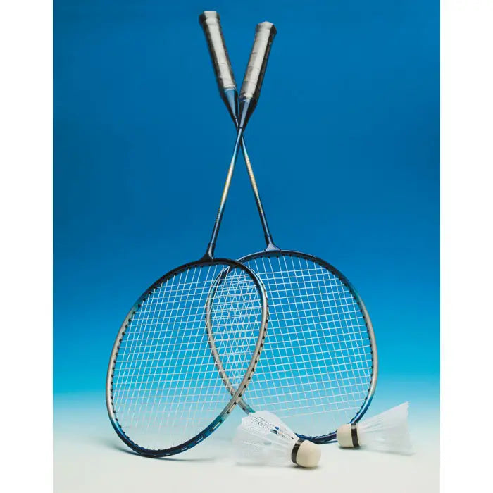 Set de badminton pentru 2 jucatori cu doua rachete albastre cu manere negre si doua fluturi albi