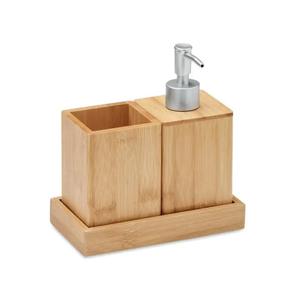 Organizer de baie din bambus cu distribuitor argintiu si doua compartimente din set de baie din 3 piese