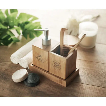 Set de baie din 3 piese din bambus cu organizer natural cu doua compartimente pentru dispenser si perii