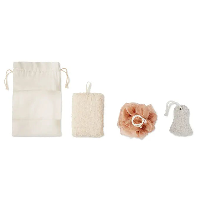 Beige loofah texturat cu mâner cu buclă din set de baie în husă de bumbac