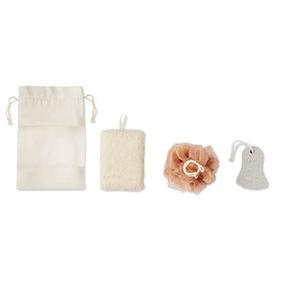 Beige loofah texturat cu mâner cu buclă din set de baie în husă de bumbac