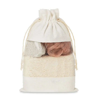 Set de baie in husa de bumbac crem din in cu bureti si loofah naturali pentru baie