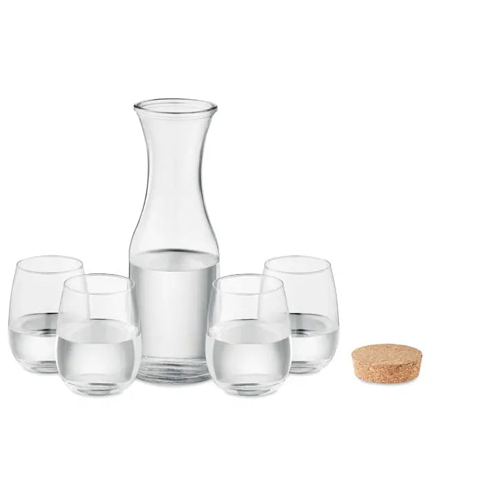 Set de bautura din sticla reciclata cu carafa transparenta cu gat subtire si patru pahare fara picior asortate