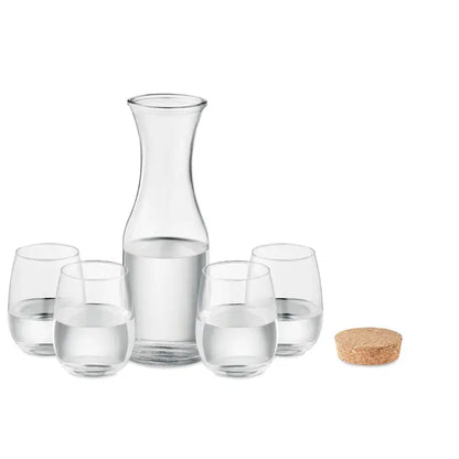 Set de bautura din sticla reciclata cu carafa transparenta cu gat subtire si patru pahare fara picior asortate