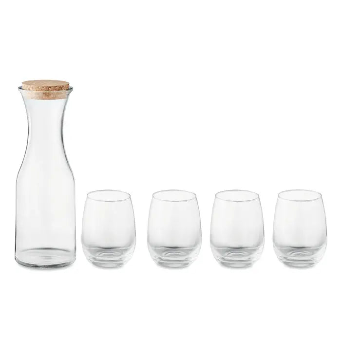 Set de bautura din sticla reciclata cu carafa transparenta si dop natural si patru pahare fara picior