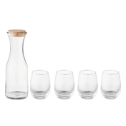Set de bautura din sticla reciclata cu carafa transparenta si dop natural si patru pahare fara picior