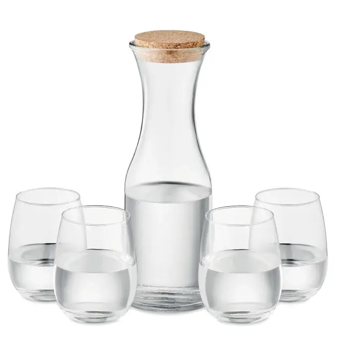 Set de bautura din sticla reciclata cu carafa transparenta si 4 pahare fara picior cu dop natural de pluta