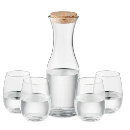 Set de bautura din sticla reciclata cu carafa transparenta si 4 pahare fara picior cu dop natural de pluta