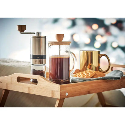 Set de cafea cu râșniță manuală din oțel inoxidabil și mâner și bază din lemn, finisaj elegant și modern