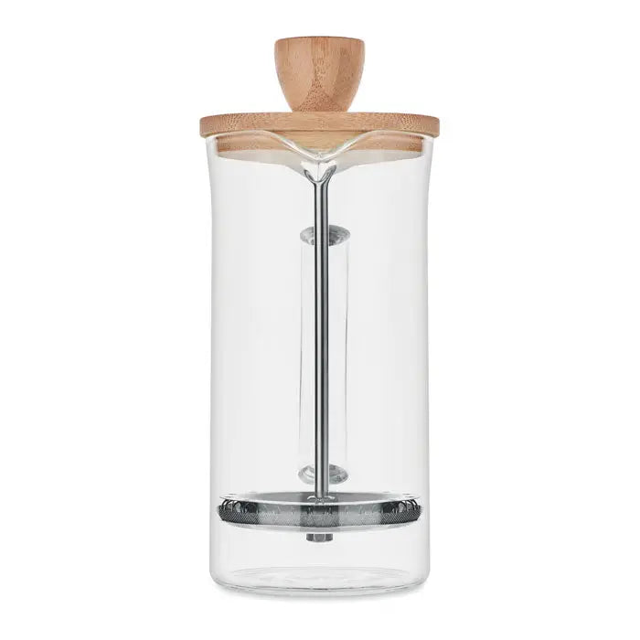 Set de cafea cu french press din sticla transparenta, capac din bambus, maner din lemn si piston din otel inoxidabil
