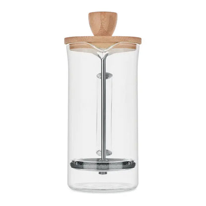 Set de cafea cu french press din sticla transparenta, capac din bambus, maner din lemn si piston din otel inoxidabil