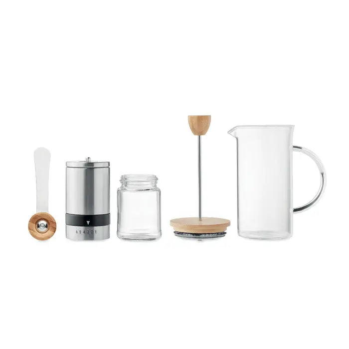 Set de cafea cu râșniță din lemn și argintiu, borcan de sticlă, french press și lingură cu mâner de lemn