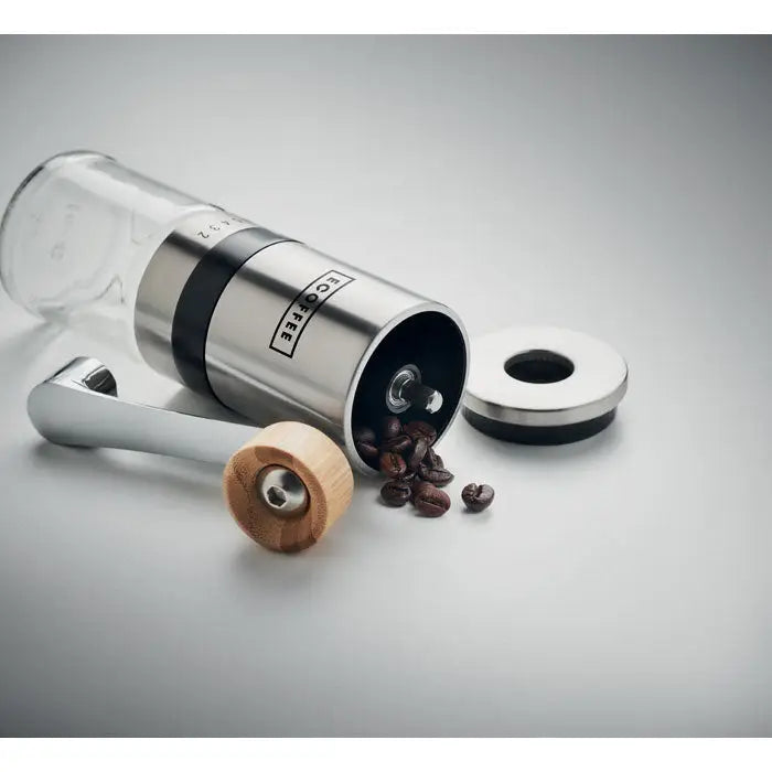 Set de cafea cu râșniță manuală din oțel inoxidabil și mâner de lemn cu recipient transparent de sticlă