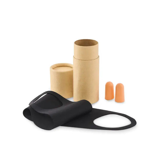 Masca faciala neagra din silicon cu elastic pentru urechi si punte nazala conturata in set de calatorie in cutie tub de hartie