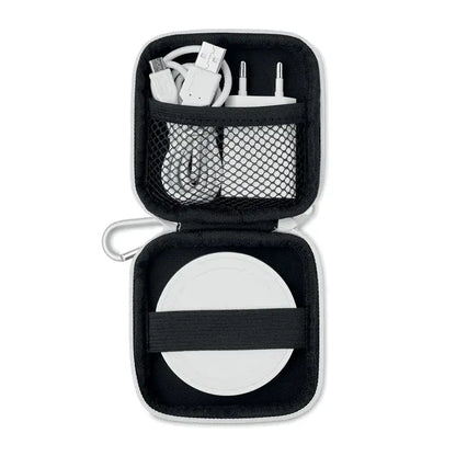 Set de calatorie incarcator wireless negru si alb cu organizator tehnic din plasa si clips argintiu din carabina