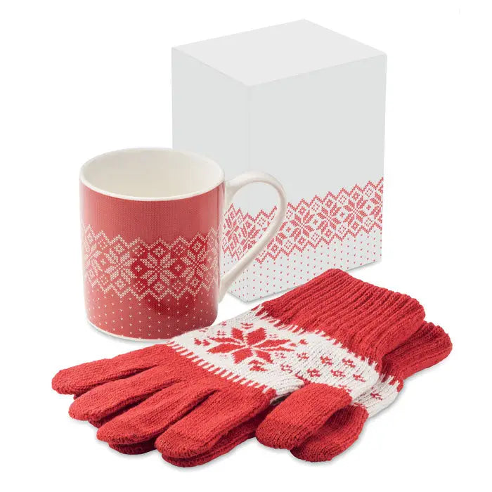 Set de cani si manusi cadou de iarna cu cana ceramica rosie si manusi tricotate rosii cu model fulg de nea alb