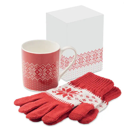 Set de cani si manusi cadou de iarna cu cana ceramica rosie si manusi tricotate rosii cu model fulg de nea alb