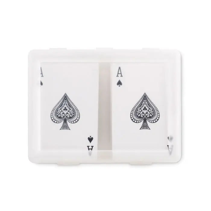 Set de carti de joc clasice cu carcasa alba din plastic si doua carti as de treflă cu design negru detaliat