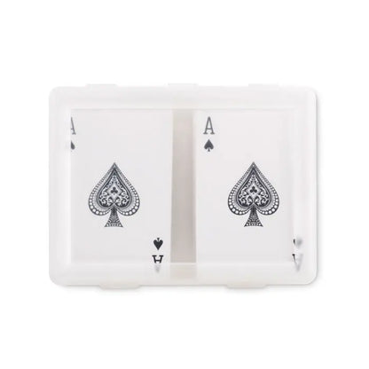 Set de carti de joc clasice cu carcasa alba din plastic si doua carti as de treflă cu design negru detaliat