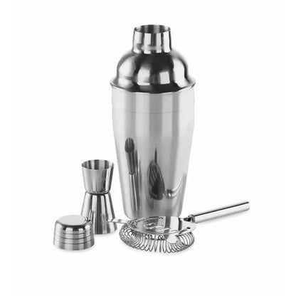 Set de cocktail din otel inoxidabil lucios cu shaker, jigger, strecuratoare si lopata pentru gheata