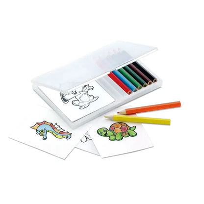Set de colorat creion din lemn cu cutie transparenta, creioane colorate si pagini de colorat cu creaturi marine